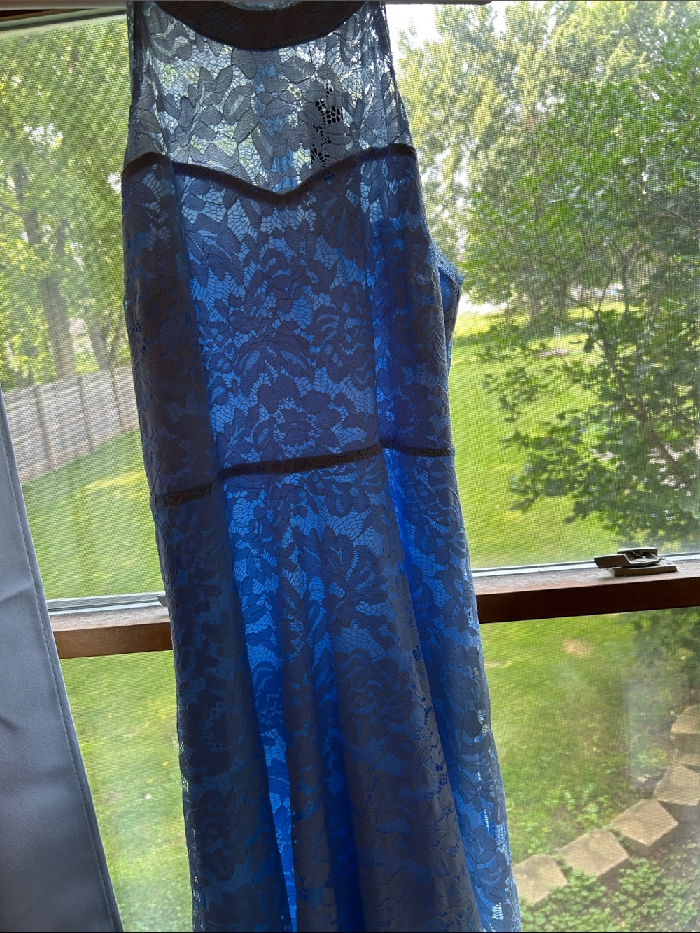 Allegra K Blue Floral Lace Sleeveless Dress